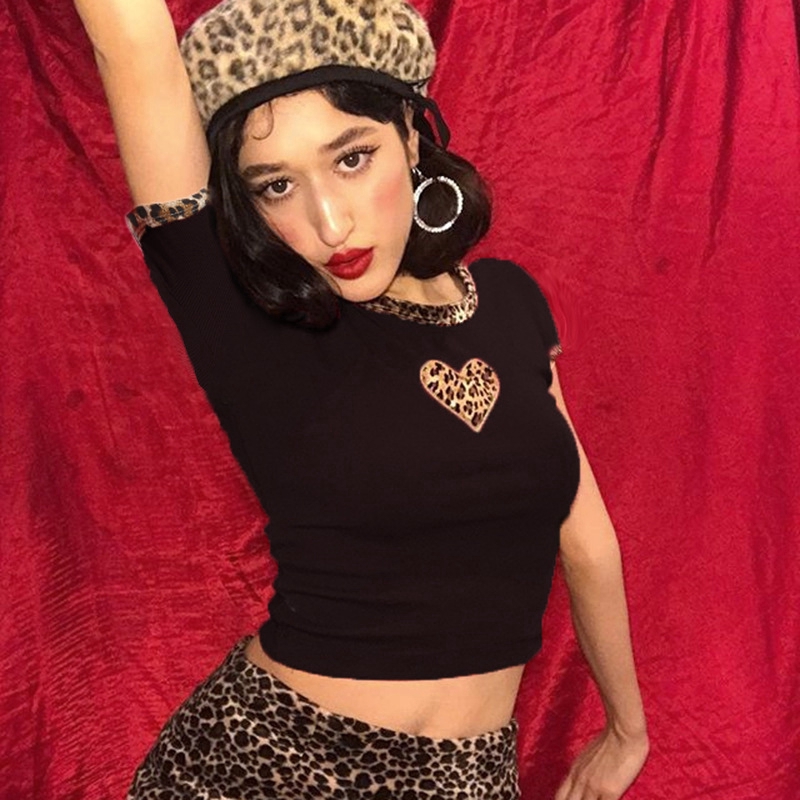Sexy Women Slim Leopard Love Print Tops Round Neck Short Sleeve Casual Tshirt