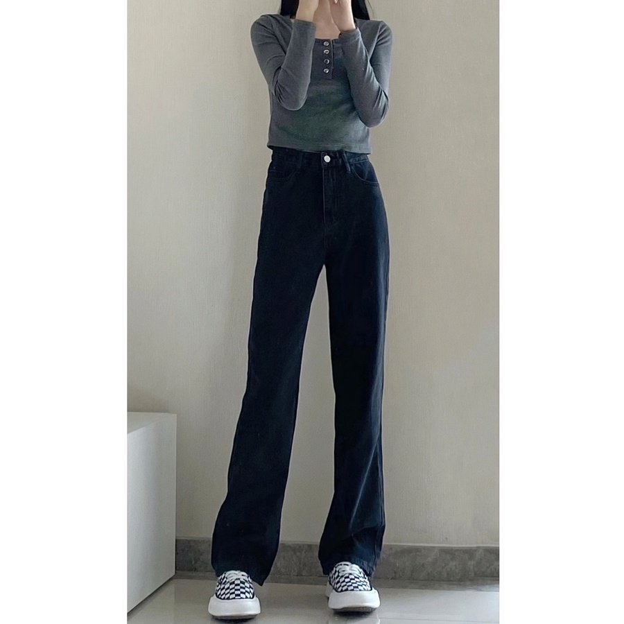 Quần jean nữ ống rộng QJD02 Đen caratopz, Quần jeans nữ màu đen basic ống suông rộng