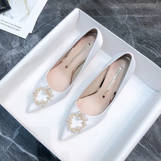 Giày cao gót, giày cưới gót nhọn chất liệu lụa satin đính đá tròn cao cấp - GCCD011