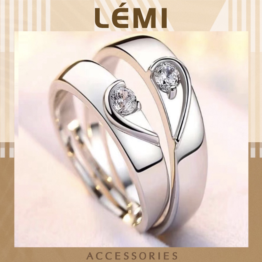 Nhẫn đôi nam nữ 2 nửa trái tim mạ bạc s925 bền màu tự chỉnh kích thước size tiện dụng Lémi accessories