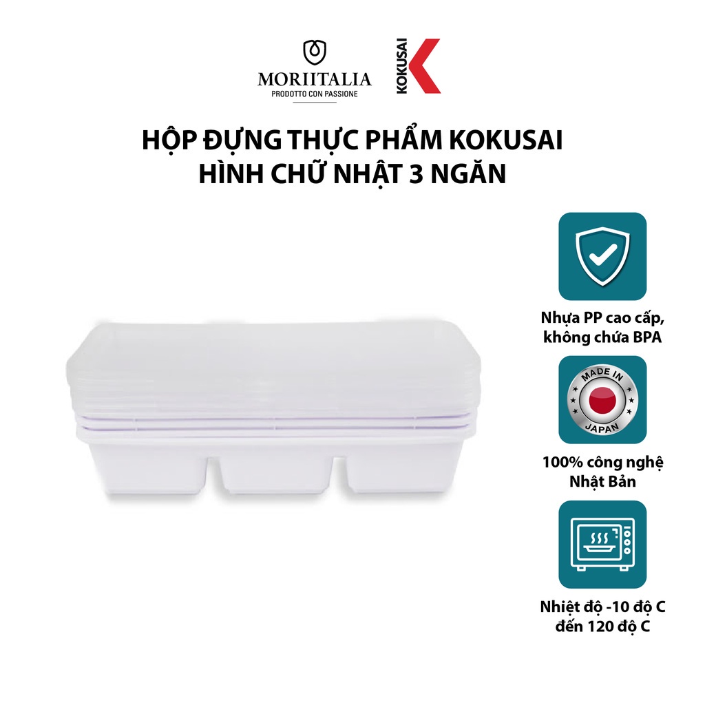 Hộp nhựa đựng thực phẩm Kokusai hình chữ nhật 3 ngăn an toàn tiện lợi Moriitalia HDK001489