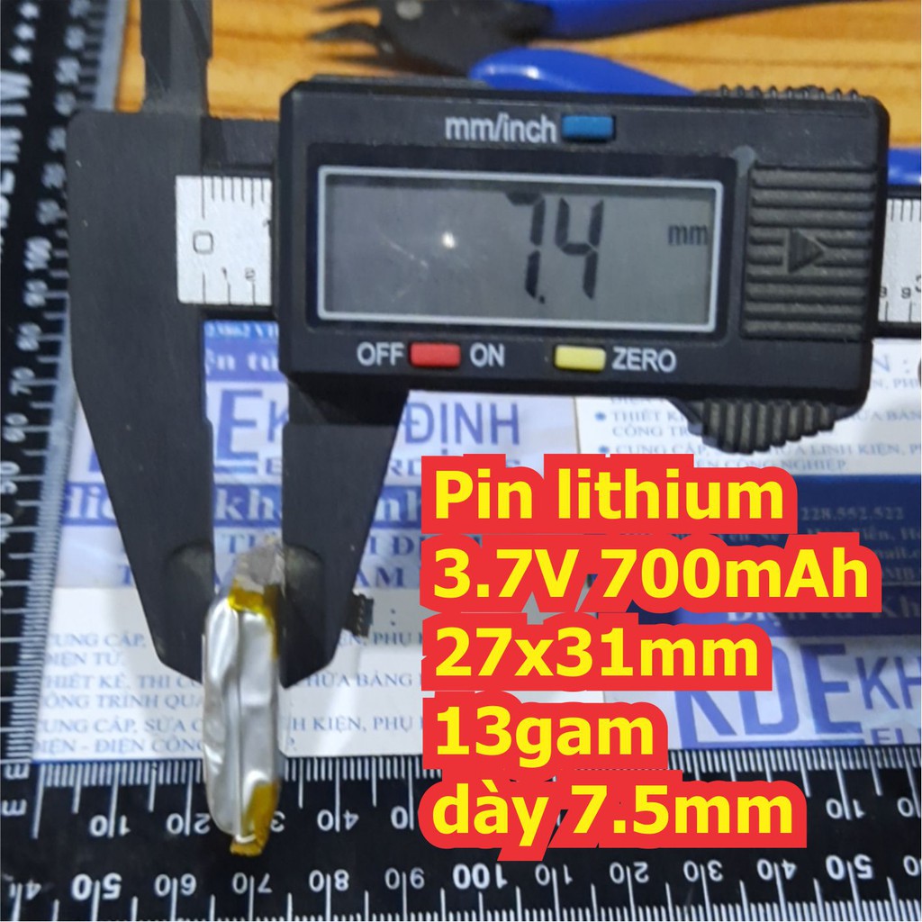 Pin lithium polyme siêu nhỏ, siêu nhẹ trong đồ chơi, máy nghe nhạc…... 3.7V 700mAh 27x31mm 13gam kde5437