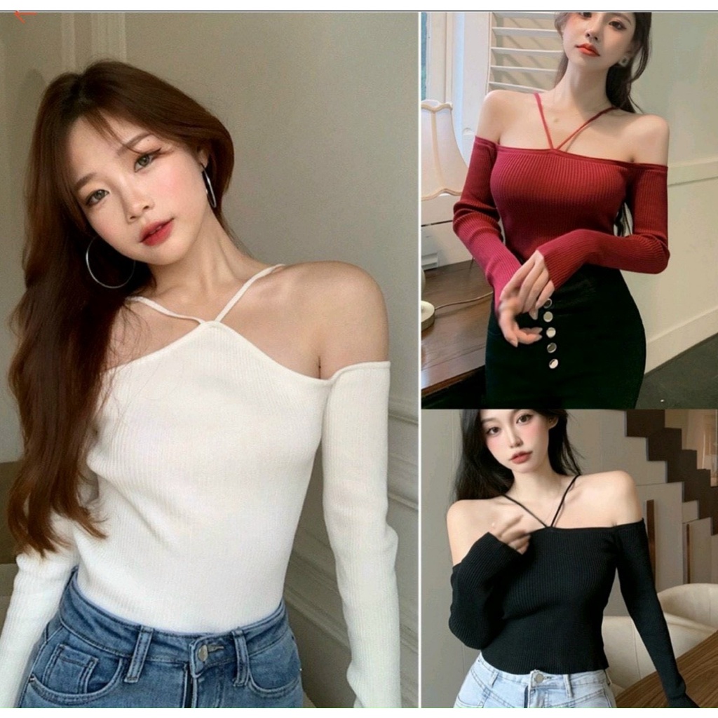 Áo kiểu yếm tay dài trễ vai cực hot , chất thun gân mềm mịn