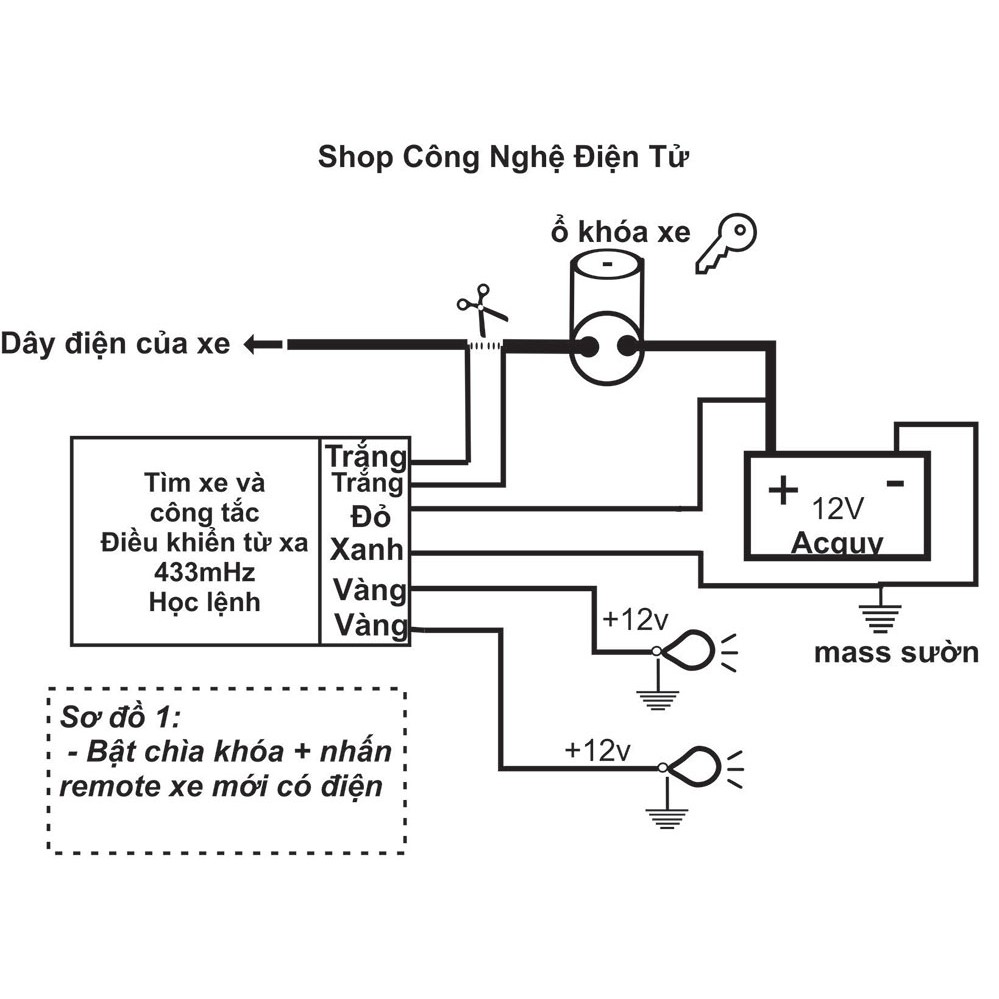 Tìm xe và bật tắc xe máy điều khiển từ xa RF 433 mHZ cho ổ khóa 2 dây