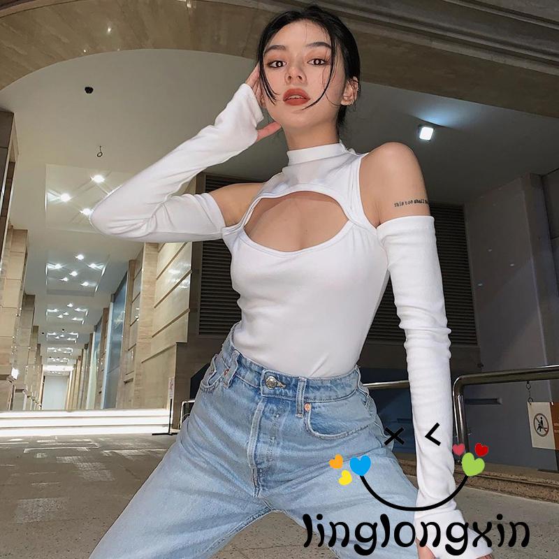 Linglongxi2-Women’s Autumn Long-sleeved Bodysuit Fashion Solid Color Hollow Off-shoulder Half High Collar Jumpsuit