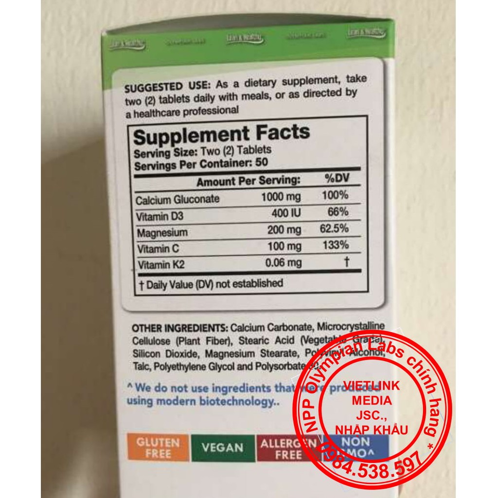 GREEN CALCIUM - Canxi Gluconat hữu cơ cho bà bầu 100v (OLYMPIAN LABS USA)