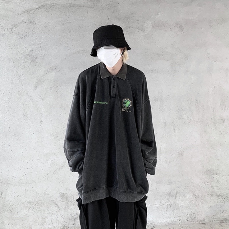 Áo nỉ polo sweater Rockboiz màu đen wash