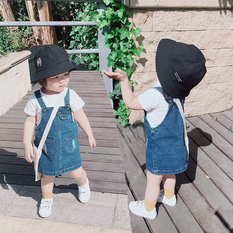 Đầm Yếm Denim Dáng Suông Có Túi Phong Cách Hàn Quốc Cho Bé Gái
