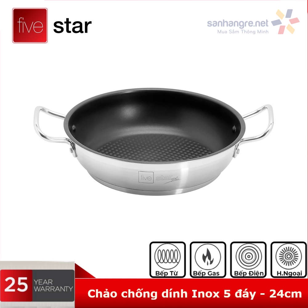 Bộ Nồi, Chảo 5 Đáy Inox 304 Fivestar Plus FPB55D001 Vung Kính Đáy Từ, hàng chính hãng Bảo Hành 25 Năm