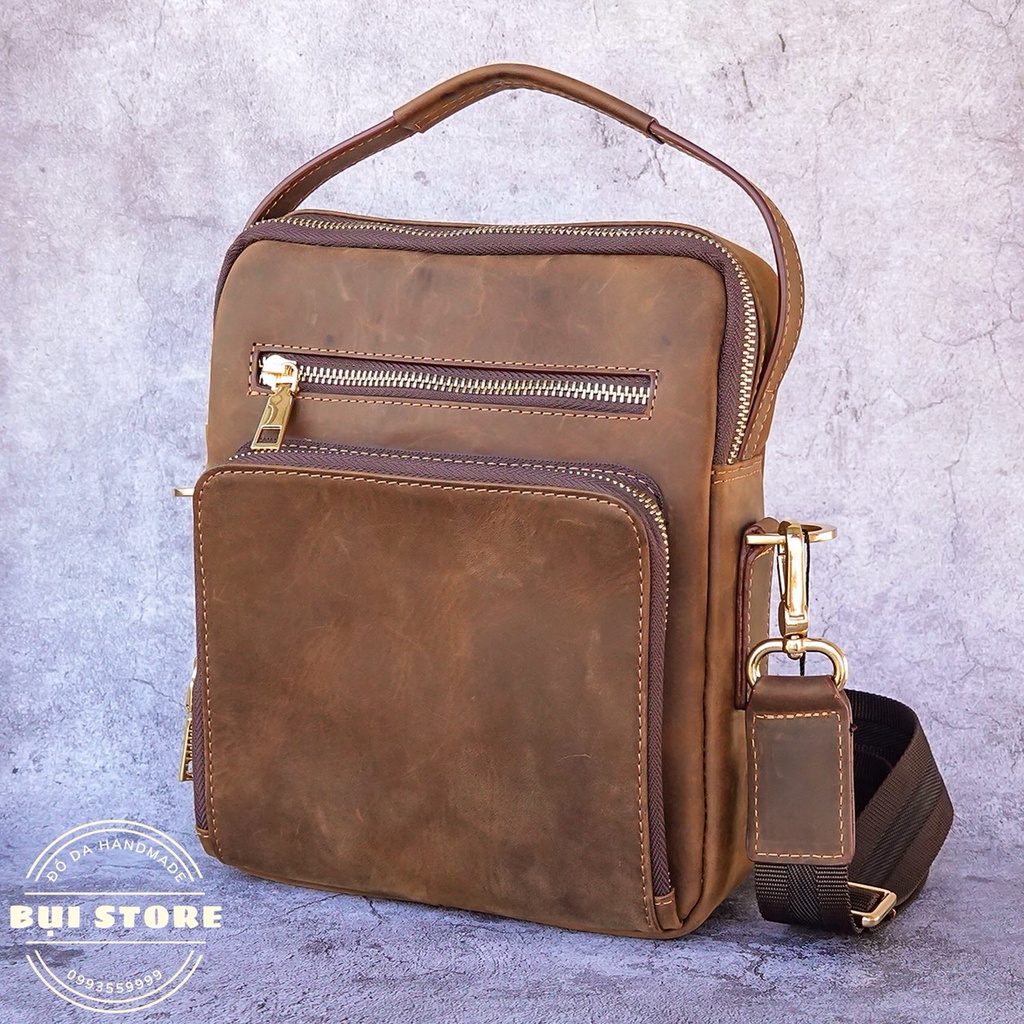 Túi chéo nam da thật, Túi đeo chéo thời trang nam da bò sáp 100% khâu tay Handmade