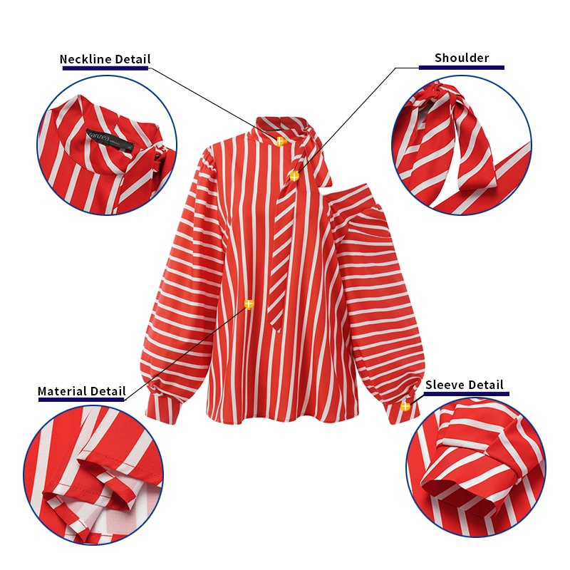 Áo kiểu Zanzea cổ tròn phối trễ vai in họa tiết kẻ sọc thời trang tùy chọn màu sắc cho nữ