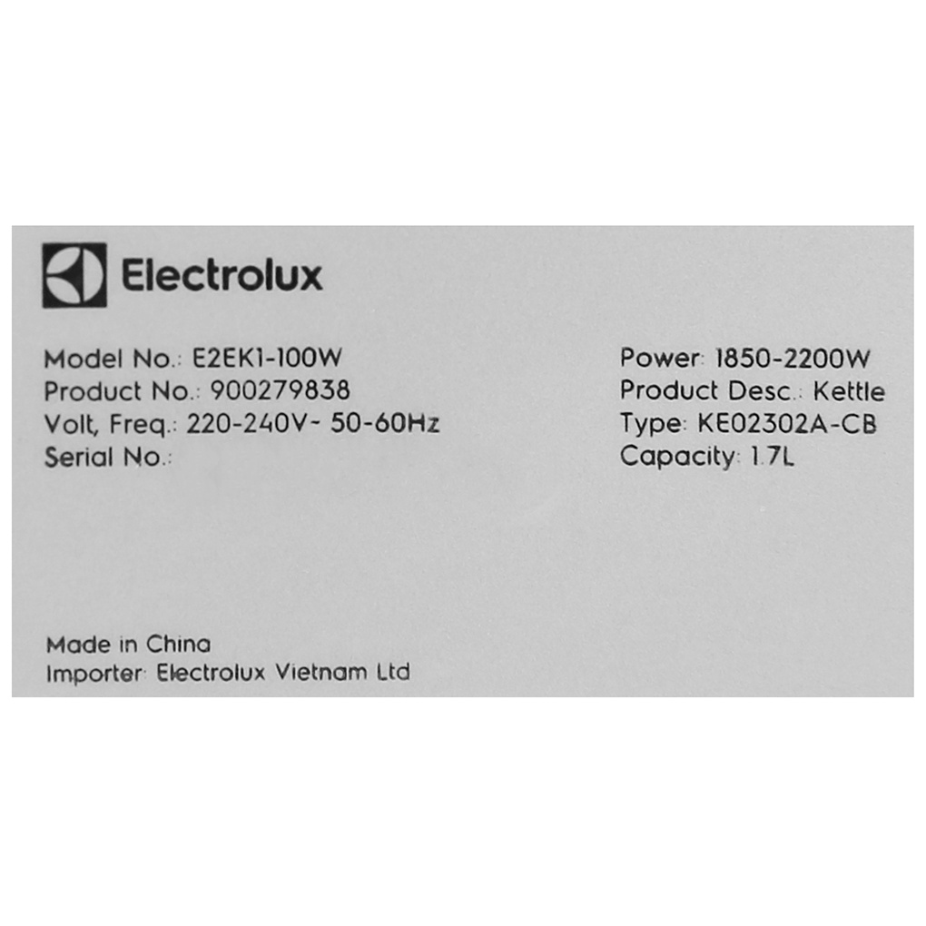 [Mã ELHADEV giảm 4% đơn 300K] Bình đun siêu tốc Electrolux 1.7 lít E2EK1-100W