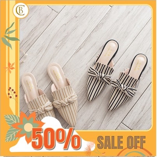 Giày sục nữ vải kẻ mũi nhọn gắn nơ