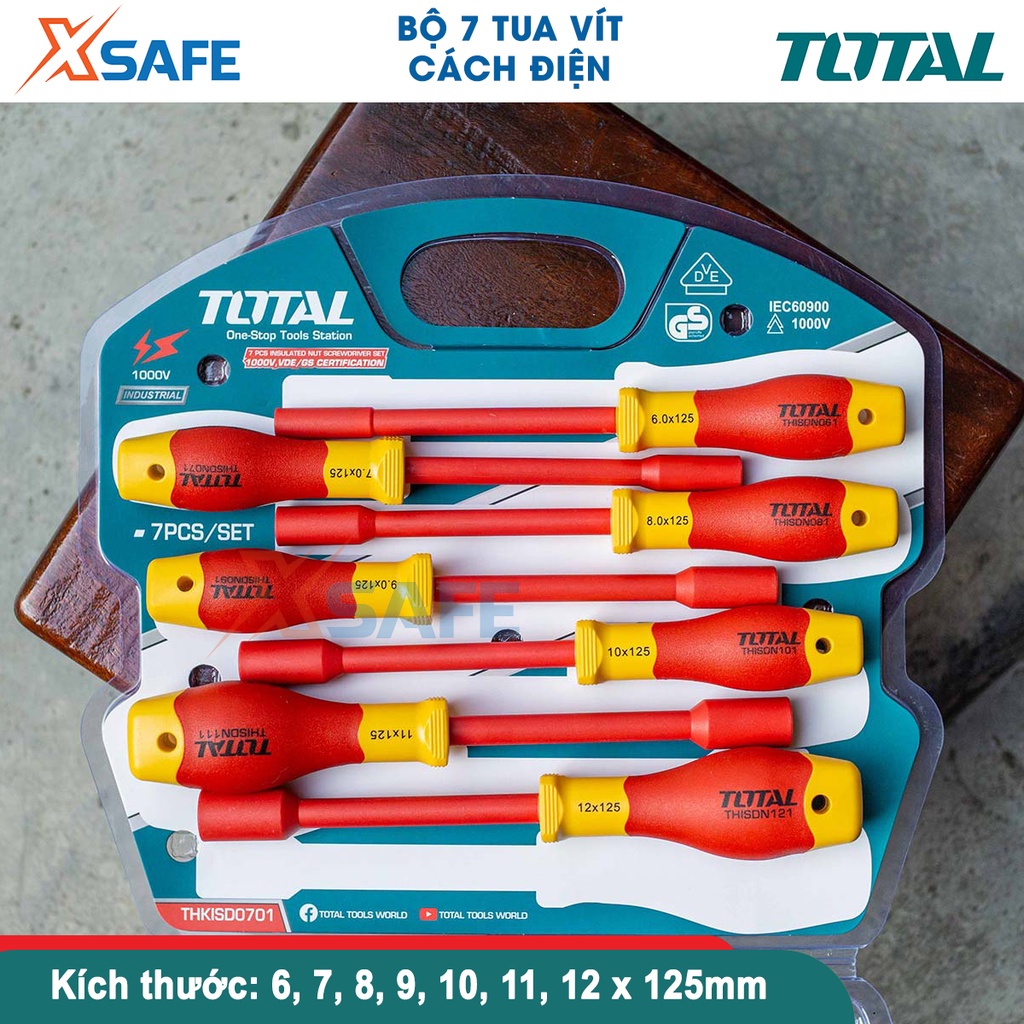 Bộ 7 tua vít cách điện TOTAL THKISD0701 cách điện 1000V chứng nhận VDE/GS, chất liệu hợp kim chống ăn mòn