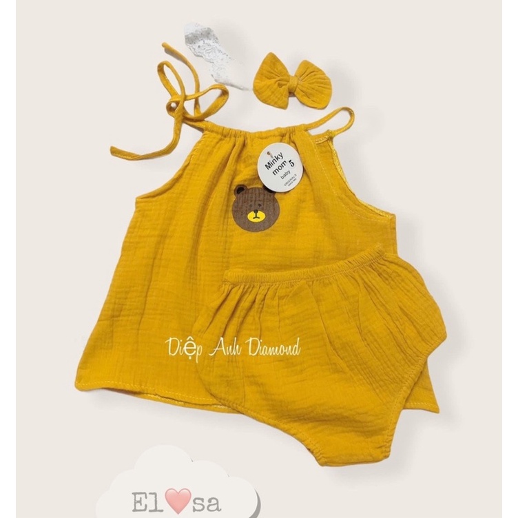 Bộ quần áo vải xô muslin kèm băng đô cho bé gái thêu hình gấu ( bộ 2 dây)