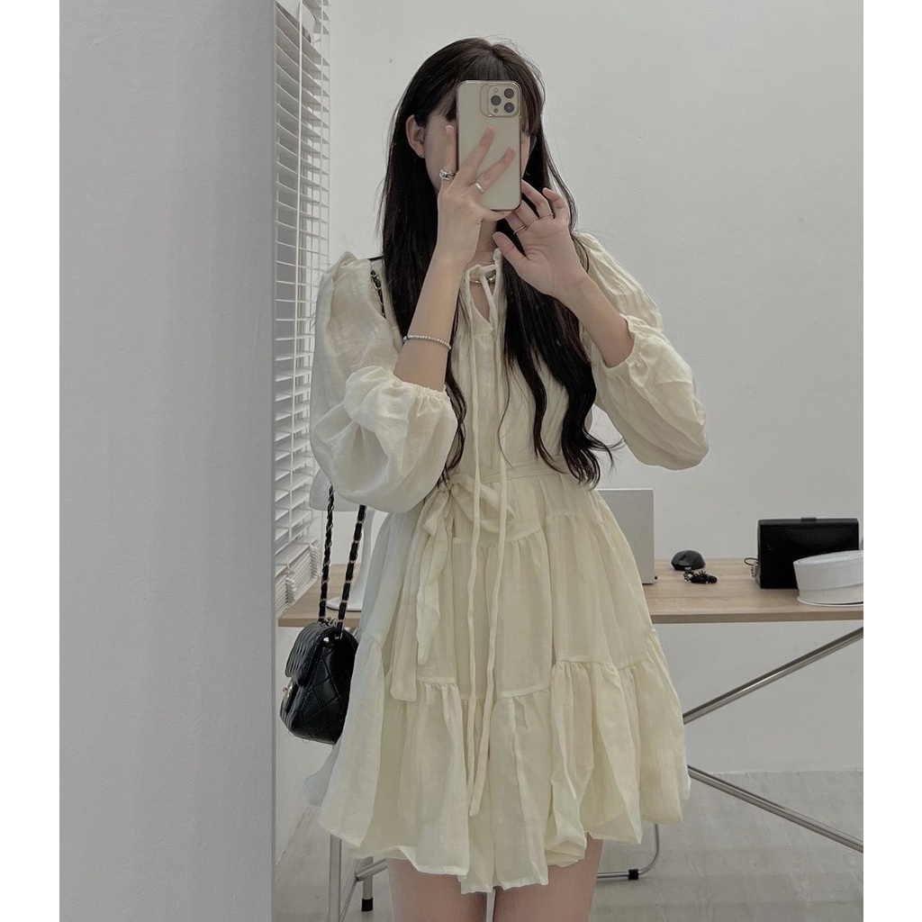 [Ảnh thật/Sẵn] Đầm - Váy babydoll tơ đũi cổ bèo dáng xòe thắt eo ulzzang