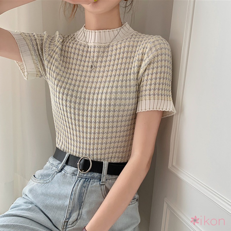 Áo Thun Tay Ngắn Cổ Tròn Họa Tiết Kẻ Sọc Chất Liệu Lụa Lạnh Mỏng Nhẹ Thời Trang Cho Nữ