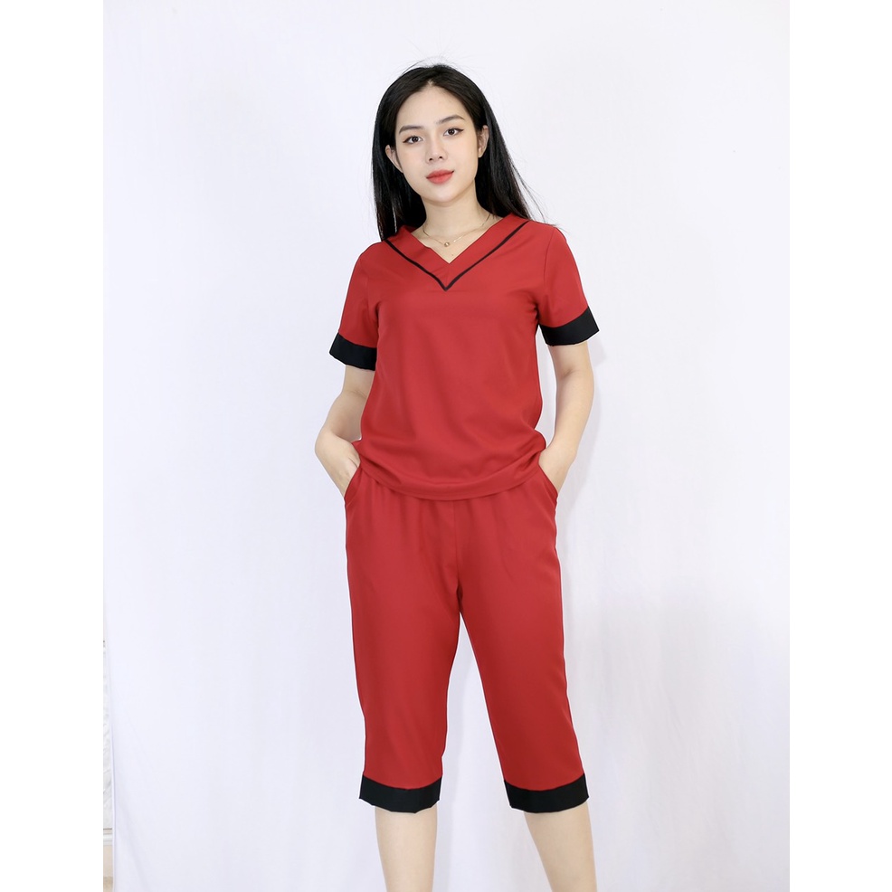 Set đồ bộ pijama L1 ĐỎ ĐÔ cổ tim tay ngắn, quần lửng mặc nhà Thoải Mái Nhẹ Nhàng