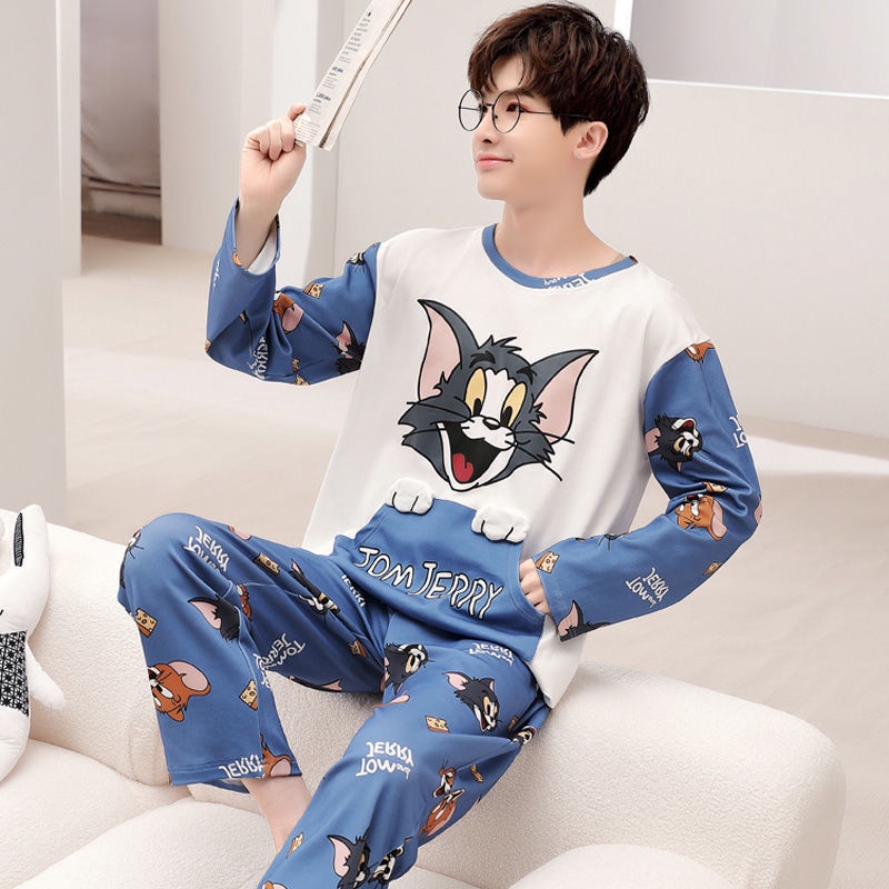 Bộ Đồ Ngủ Tay Dài Chất Liệu Cotton In Họa Tiết Hoạt Hình Dễ Thương Cho Nam