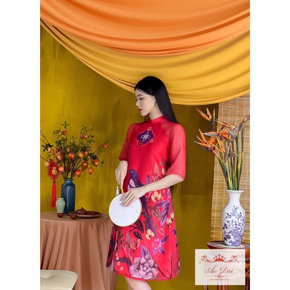 Áo dài cách tân tết Như Ý đỏ tơ 4 tà trơn 4 tà có 2 dáng áo ài và váy cực xinh diện Tết, mẫu mới tết 2022