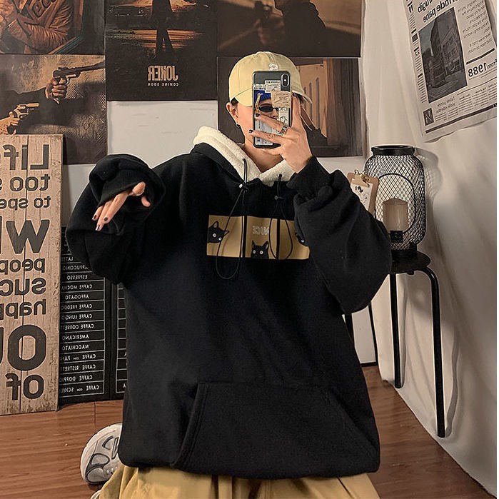 Áo hoodie form rộng dáng dài chùm mông mũ trắng Mew mew dày dặn