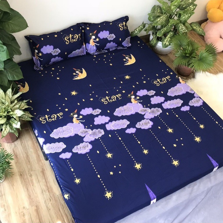 Bộ ga giường May bedding poly cotton kèm 2 vỏ gối mẫu sao rơi kích thước m2, m6, m8, 2m2