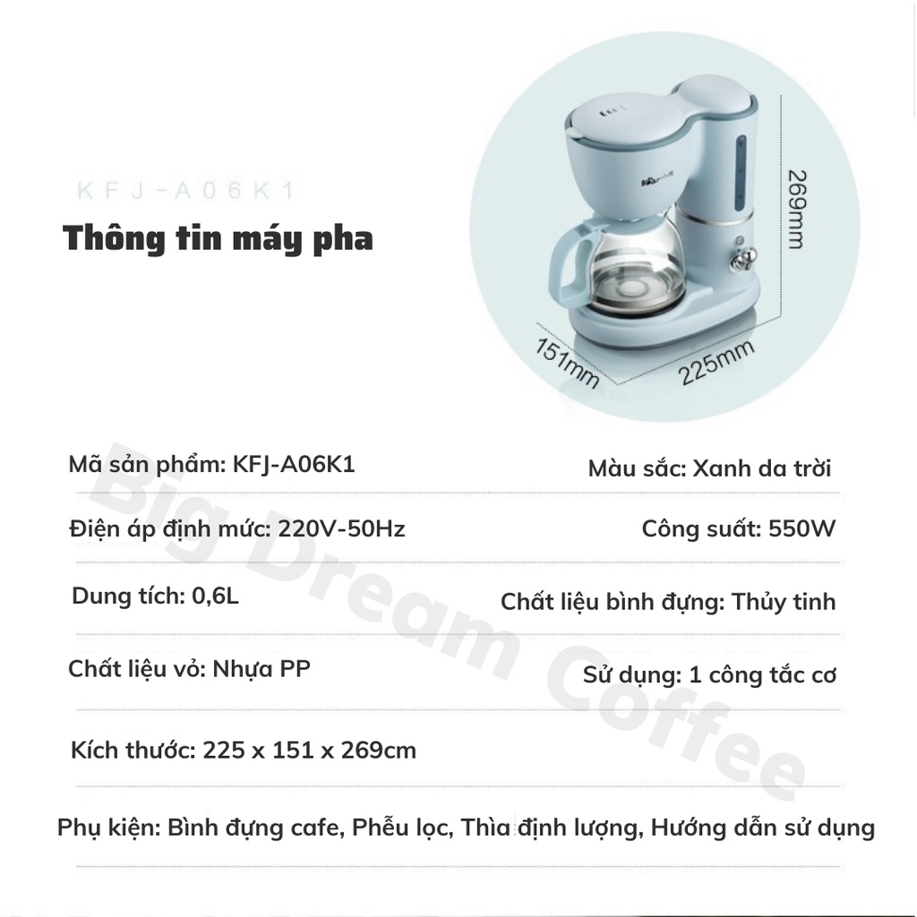 Máy pha cà phê mini BEAR KFJ-A06K1 chính hãng pha Espresso cafe nguyên chất máy pha cafe tặng kèm 100gr bột café Arabica