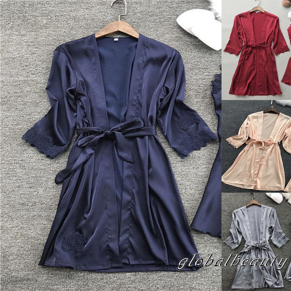 Đầm Ngủ Kimono Vải Lụa Satin Phối Ren Thời Trang Quyến Rũ Cho Nữ