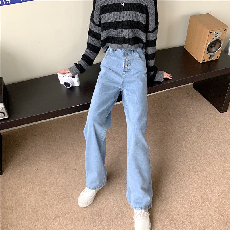 IELGY Quần denim Lưng Cao Dáng Rộng Màu Xanh Dương Phong Cách Hàn Quốc Thời Trang Cho Nữ