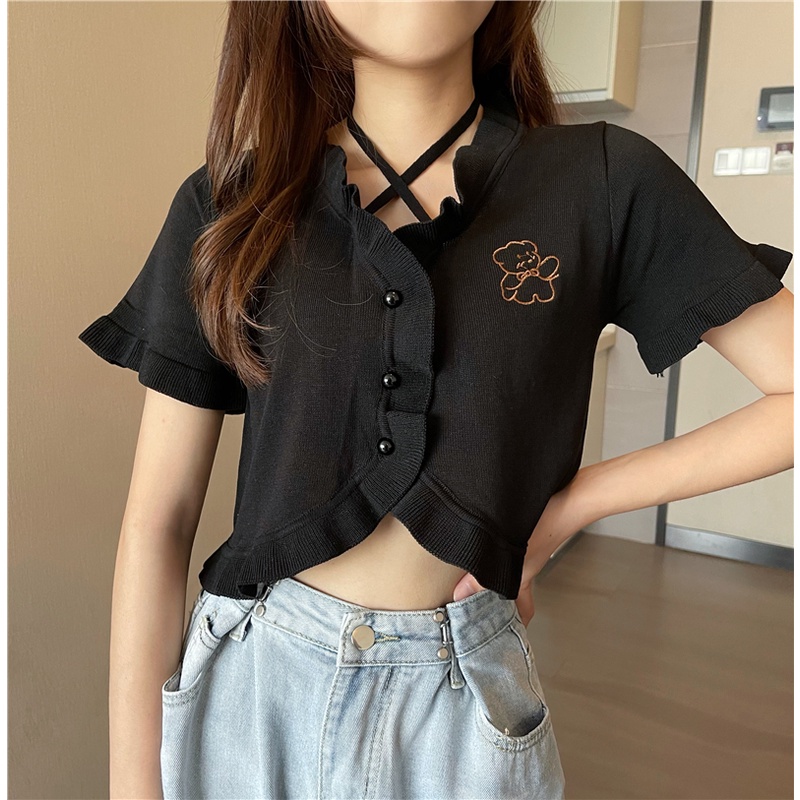 ZHELIHANGFEI grandma Áo Cardigan Dệt Kim Tay Ngắn Thiết Kế Tai Gấu Ngọt Ngào Phong Cách Mùa Hè Niche