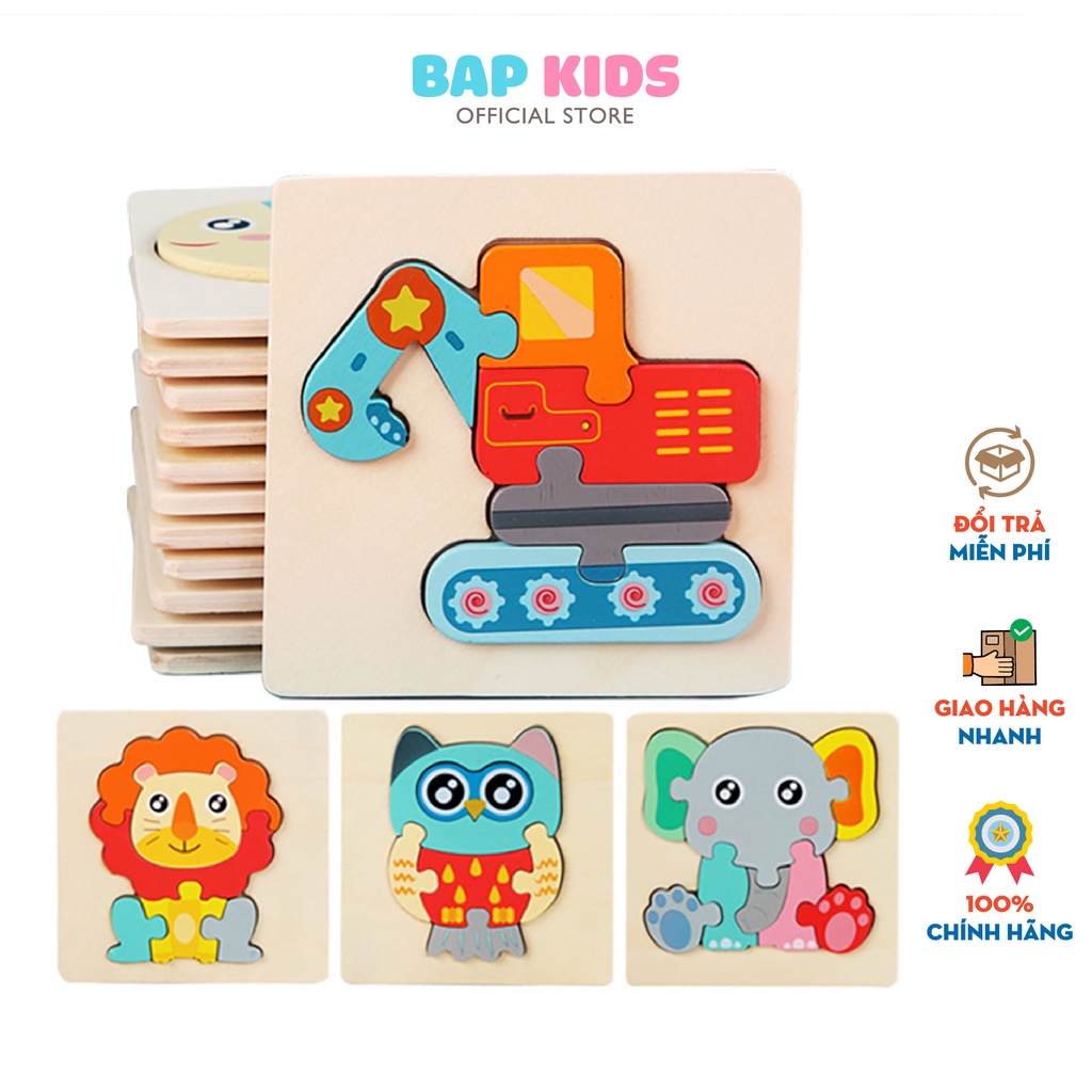 Đồ chơi thông minh BAPKIDS Bộ tranh ghép hình nổi 3D bằng gỗ 11x11cm