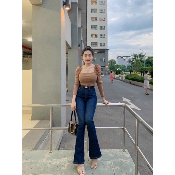 Quần jean ống loe màu xanh trơn cổ điển cbs864