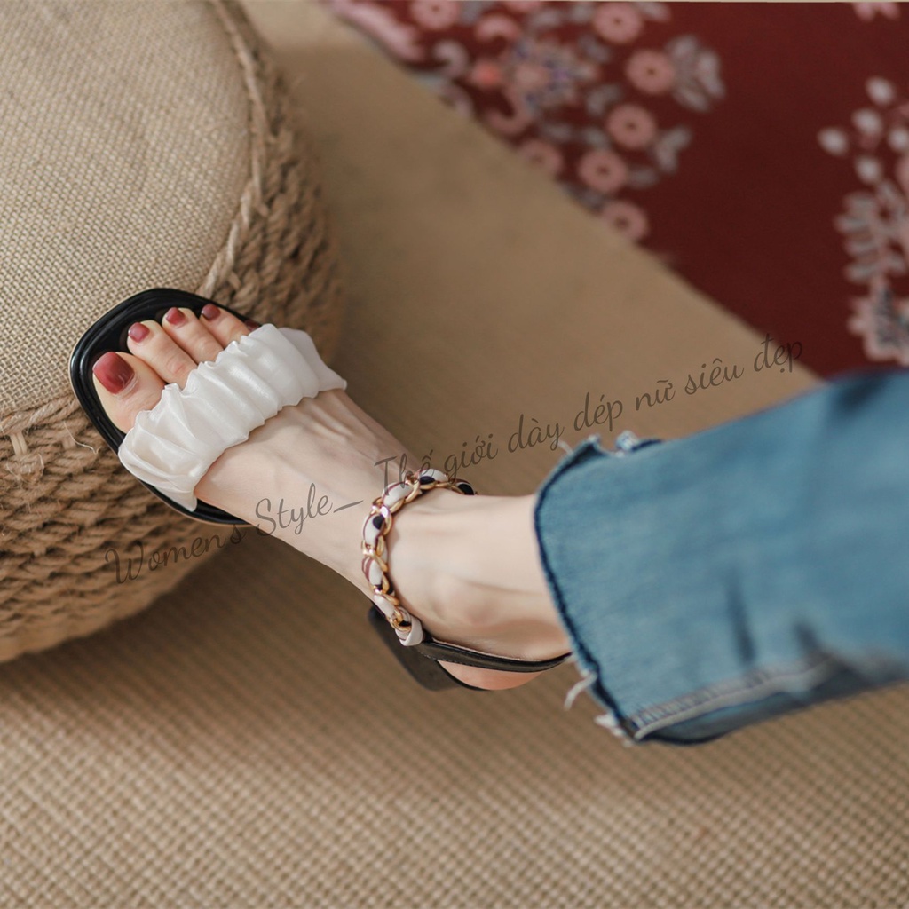Giày cao gót 5 phân khí chất Pháp Womenstyle quai nhún bèo, Sandal cao gót mùa hè 2022 chuẩn size 35-39 TD19