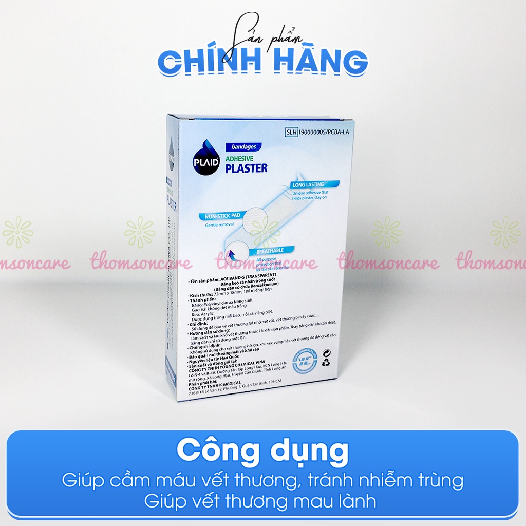 Băng cá nhân trong suốt Plaid Adhesive, băng dính vết thương thẩm mỹ, che mụn  hộp 100 miếng chống nước
