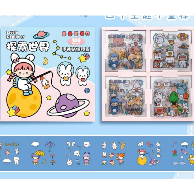 Hộp 100 tấm sticker cute trang trí sổ tay nhật ký kệ sách đồ dùng học tập, 100 hình dán cute sticker dễ thương