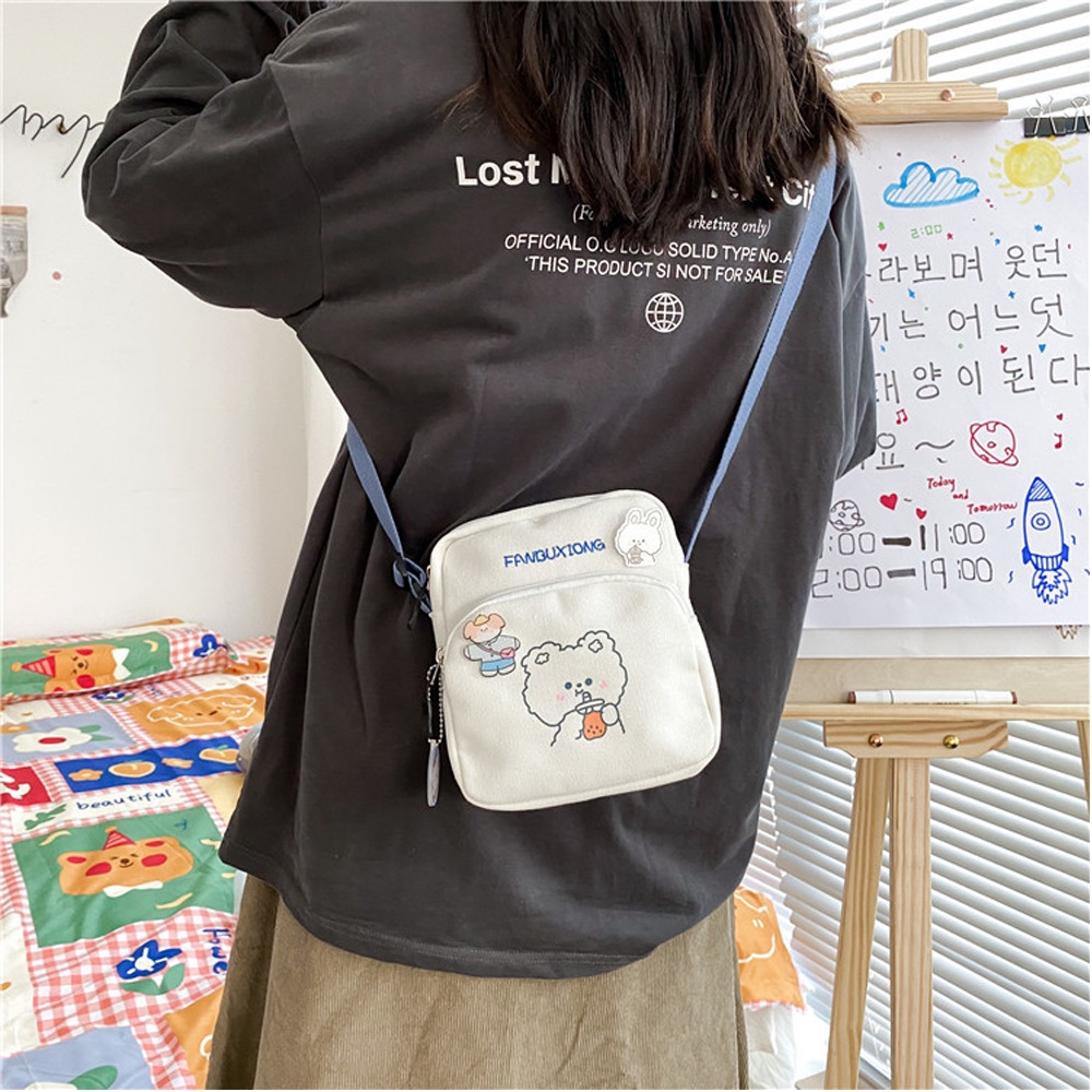Túi Đeo Chéo Mini Vải Canvas Họa Tiết Hình Thỏ Và Gấu Siêu Dễ Thương Hai Ngăn Nhỏ Gọn Phong Cách Hàn Quốc