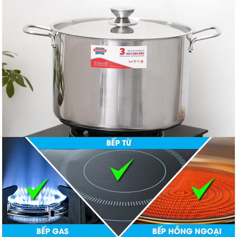 Nồi inox bếp từ 3 Đáy SUNHOUSE SHG30032 kích thước 32 CM Siêu Dày (dùng được trên mọi loại bếp)