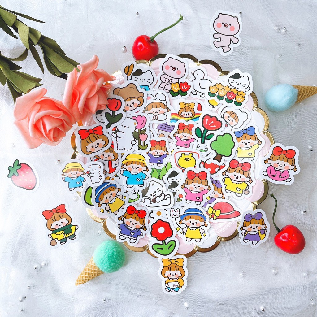 Sticker dán gói 10, 20, 50, 80 miếng hoạt hình siêu cute dễ thương dán sổ, dán điện thoại sẵn tại Tú Vy Studio