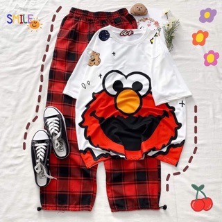 Set bộ áo 3D cartoon Kaws Stitch + quần dài sọc caro nhiều màu unisex