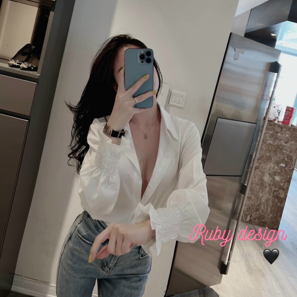 Áo sơ mi kiểu nữ áo sơ mi nữ tay chun màu trắng tay dài vải thô lụa mềm phong cách Hàn quốc Ruby Design