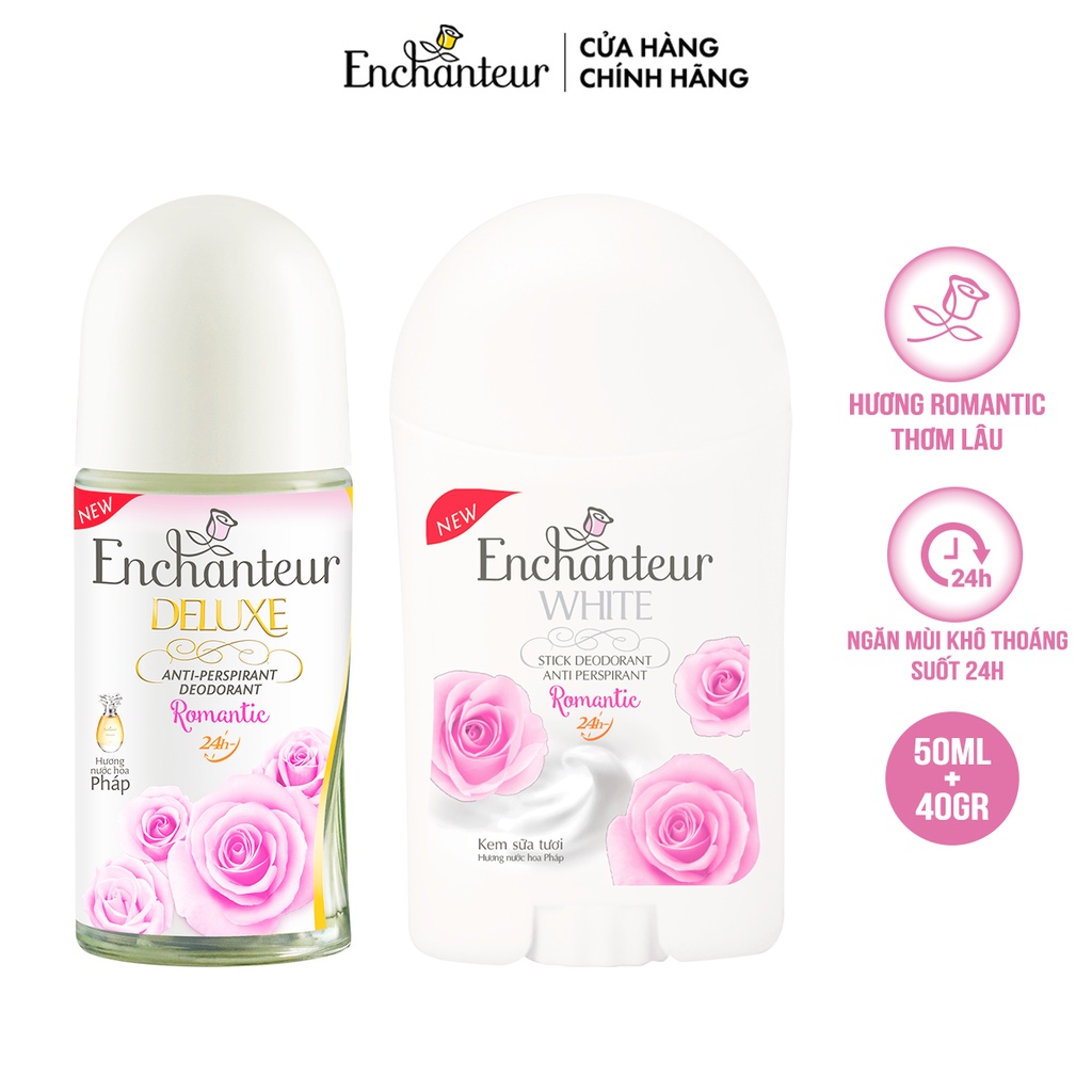 Combo Lăn Khử Mùi Hương Nước Hoa Enchanteur Romantic 50ml + Sáp Khử Mùi Trắng Da Enchanteur Romantic 40g