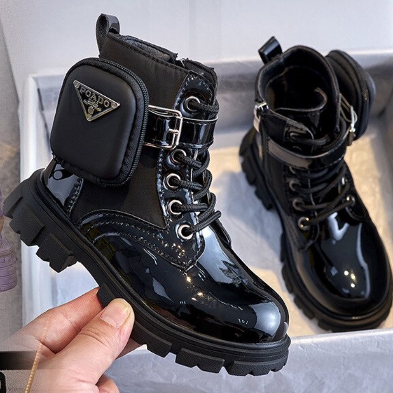 Giày boot Martin cổ thấp bằng da lớp lót nhung phong cách Anh thời trang mùa thu cho bé gái