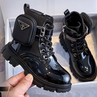  Giày boot Martin cổ thấp bằng da lớp lót nhung phong cách Anh thời trang mùa thu cho bé gái 