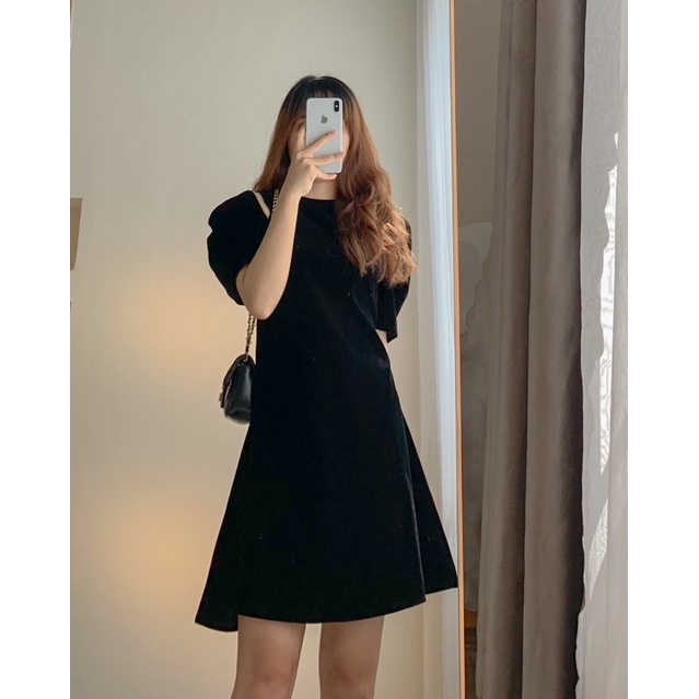 Váy nhung xẻ vai đỏ đen 579