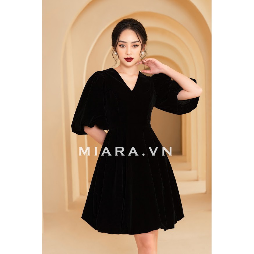 Đầm bí vải nhung lỳ tay phồng MIARA cao cấp, màu đen sang trọng, dự tiệc cực đep DT46