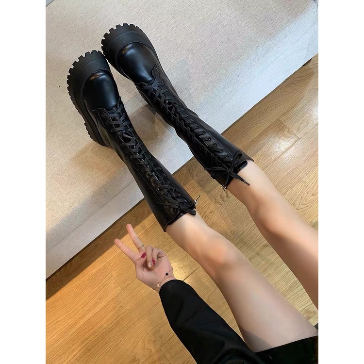 Giày boot da pu cổ cao chiến binh đế dày 6cm dây cột dọc có khoá kéo G18
