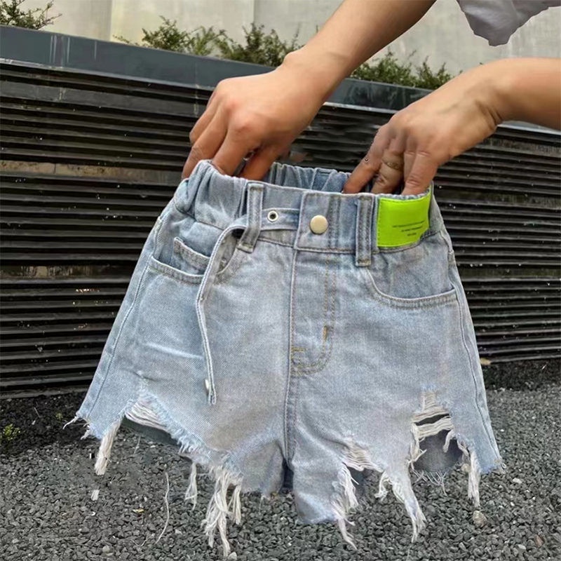 [Hàng Mới Về] Quần Short Denim Dáng Rộng Rách Tua Rua Phong Cách Hàn Quốc Cho Bé Gái