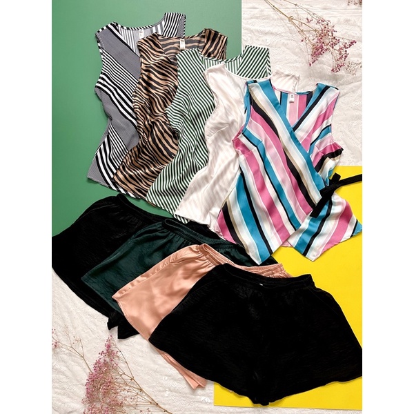 Set lụa quần váy áo sọc không tay Infashion.