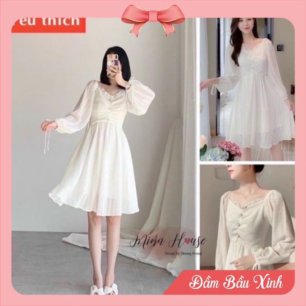 Váy trắng tay bồng đầm tiểu thư dáng xòe