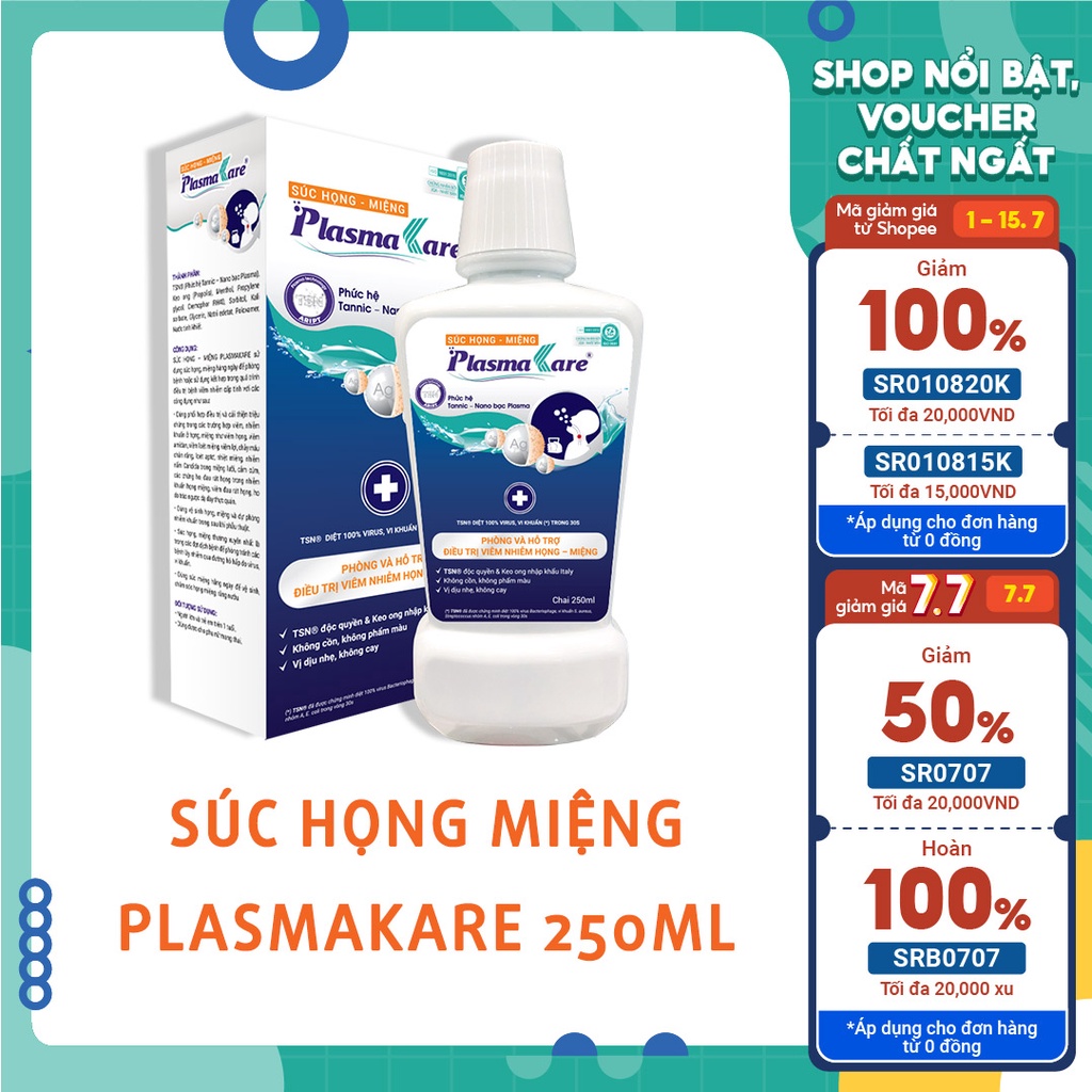 Nước súc họng nano bạc PLASMAKARE giảm nhanh viêm họng, viêm amidan, các triệu chứng đau rát, loét, ho, đờm, chai 250ml